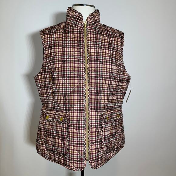 NWT St. John's Bay Neutral Check Plaid Quilted Puffer Vest Womens Size Large L - Picture 1 of 11